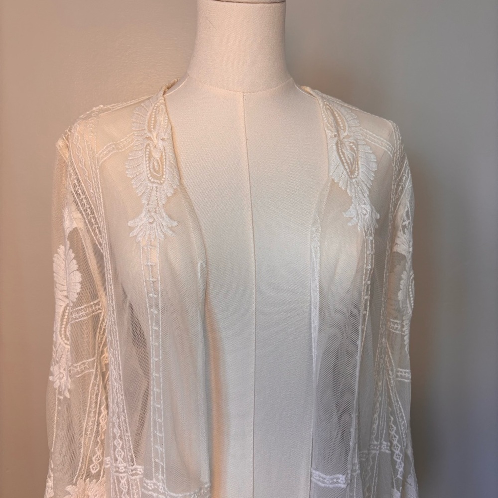 Artesian Boho Shear White Embroidered Lace Maxi Kimono 3/4 Flair Sleeve Sz XL - Picture 2 of 14